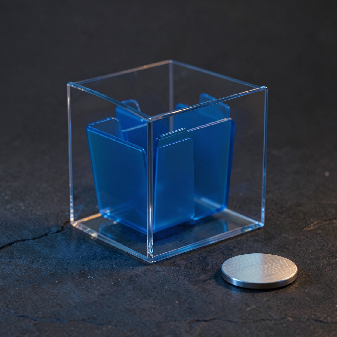 Blue glass folder shapes inside a transparent cube, with a plain metal disc on the desk