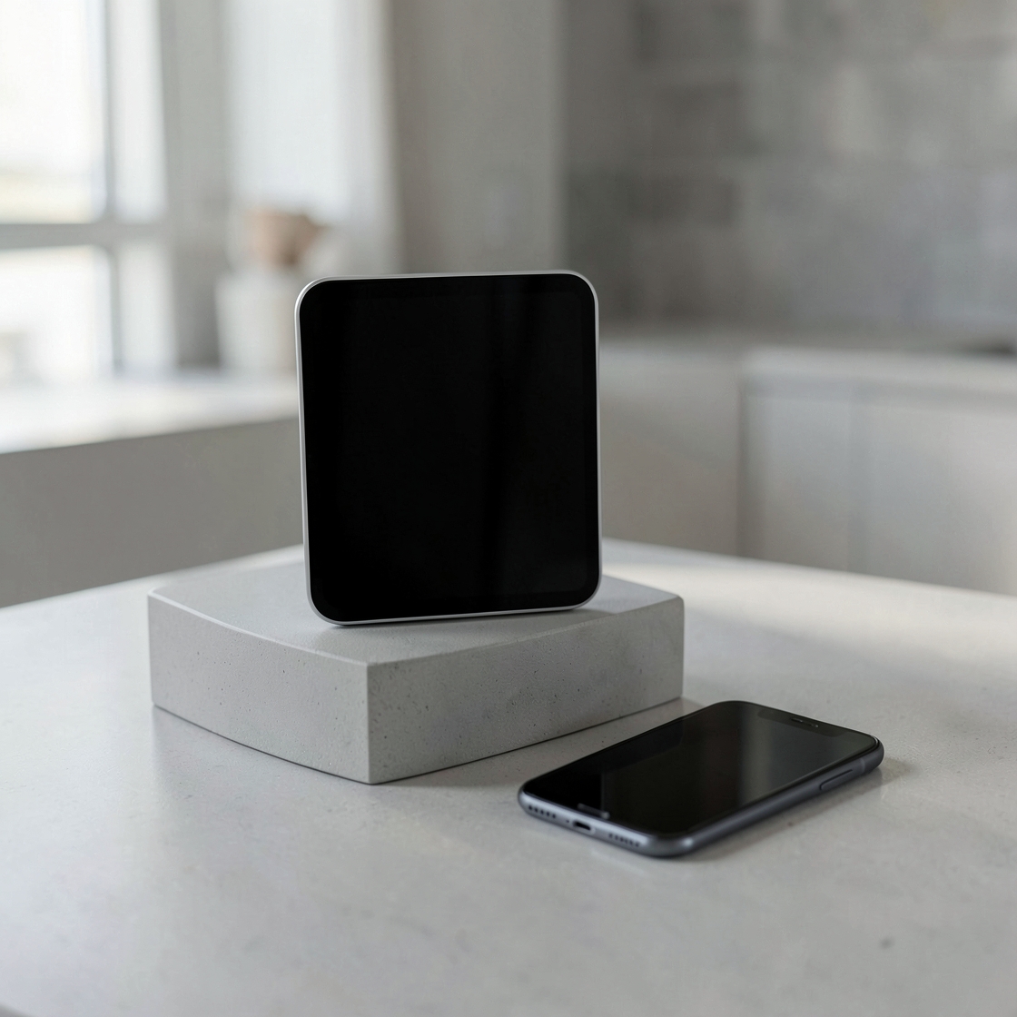 Blank square smart display on a grey pedestal beside a smartphone on a kitchen counter
