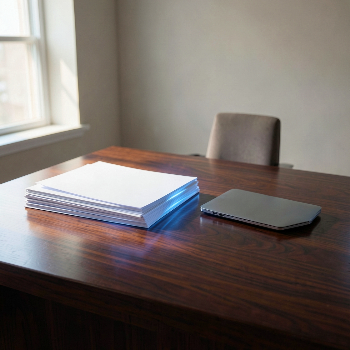 Blank case papers and a closed laptop on an empty wooden worktable