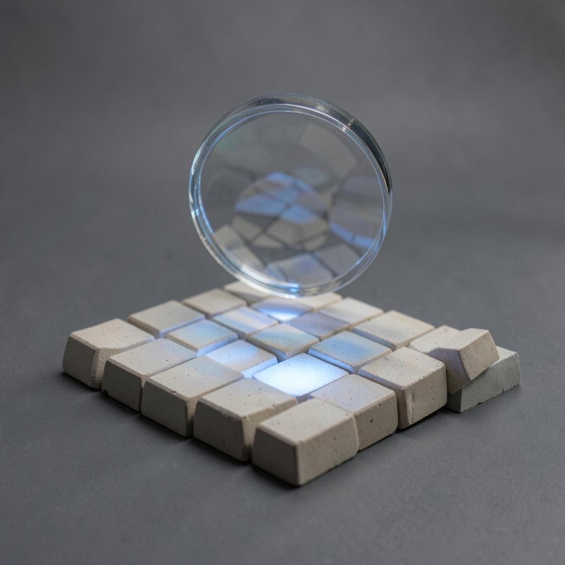 Glass lens above plain blocks representing evidence review