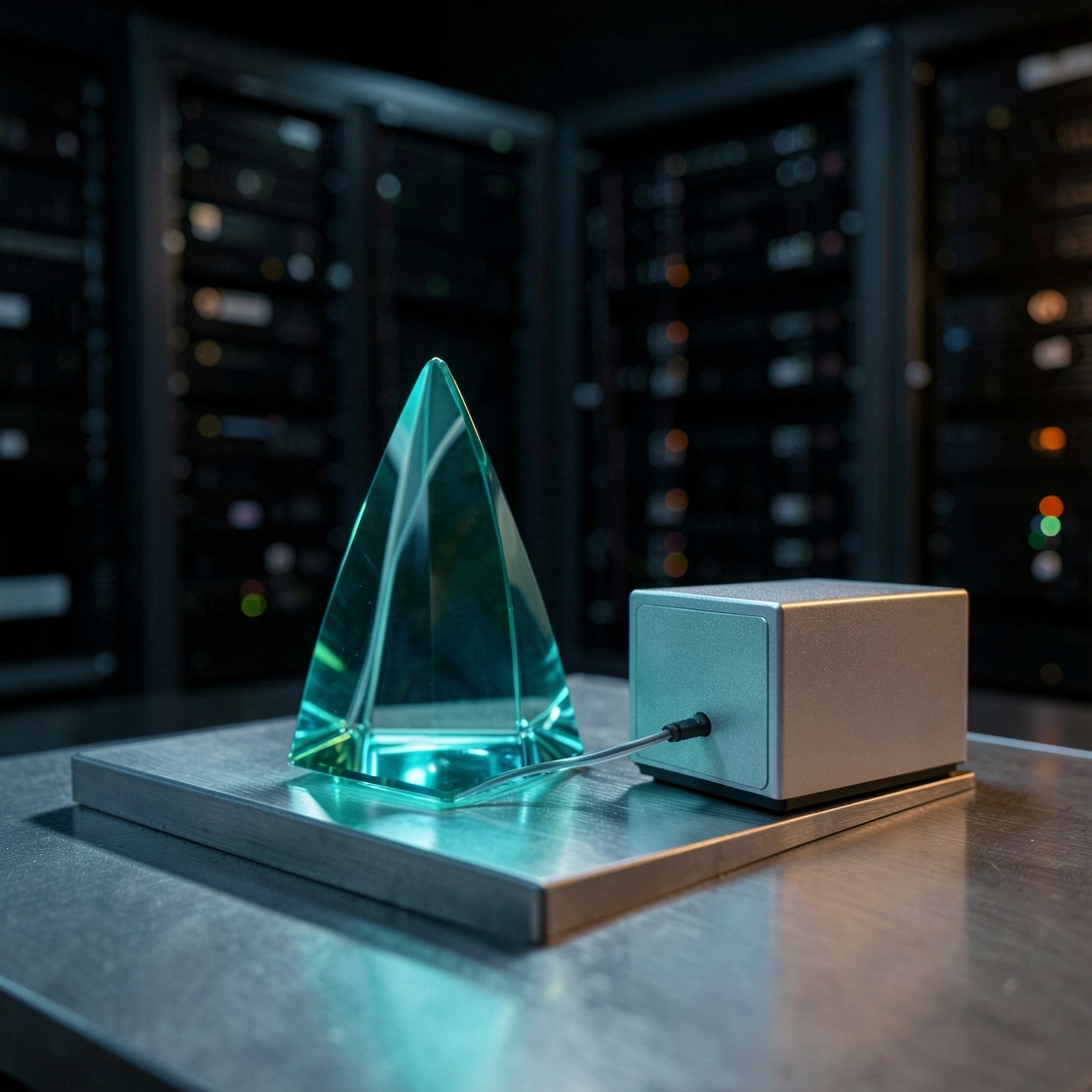 A turquoise glass pyramid beside a silver computing enclosure and cable, with blurred server racks behind