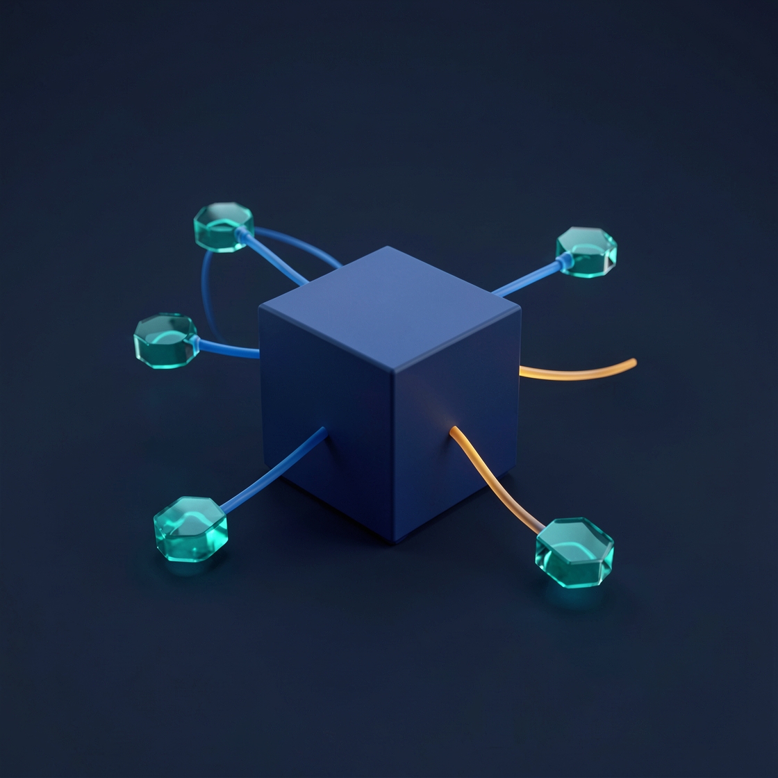 A dark blue cube connected to translucent teal nodes by blue and amber paths.