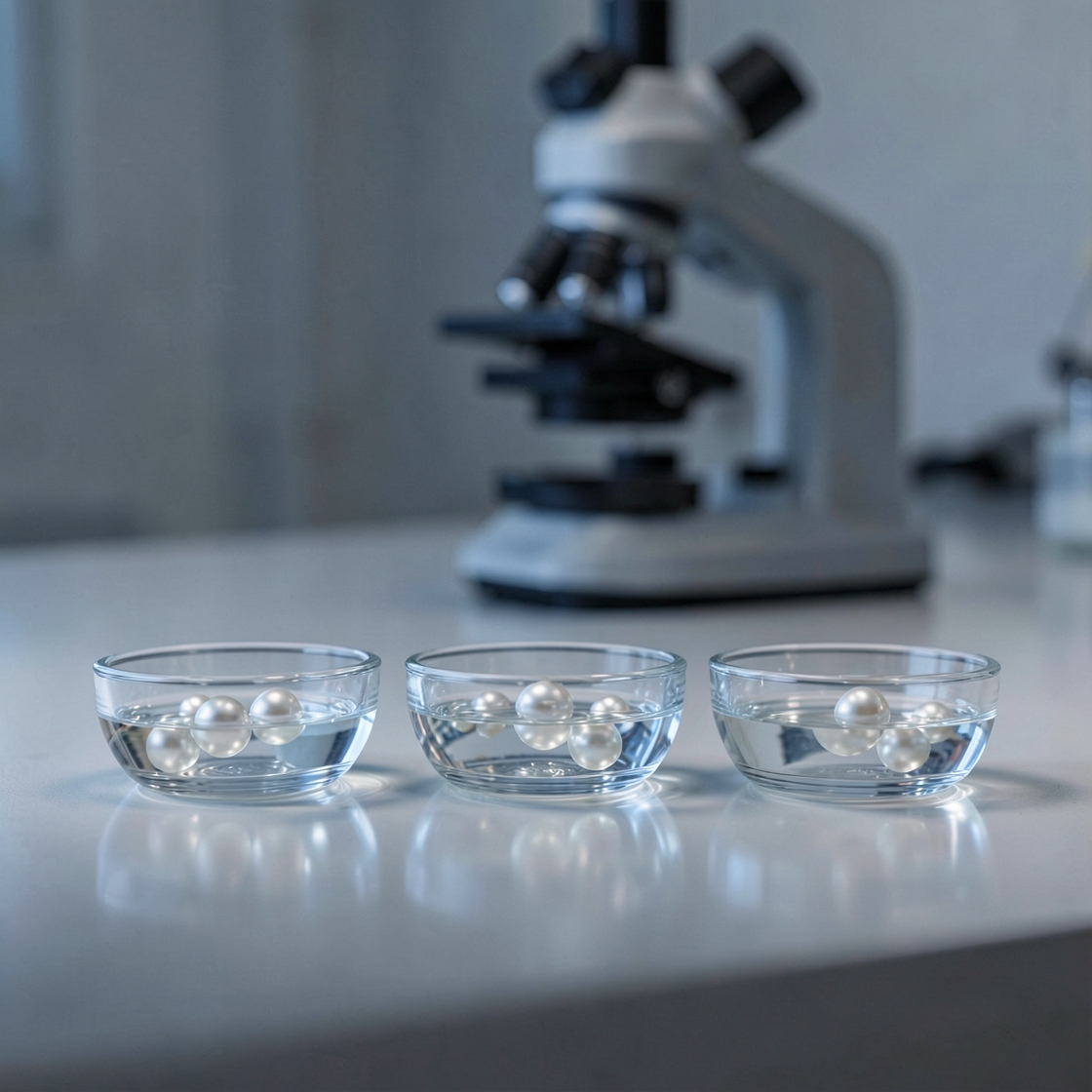 Three glass dishes containing clear liquid and pearl-like spheres, with a blurred microscope behind