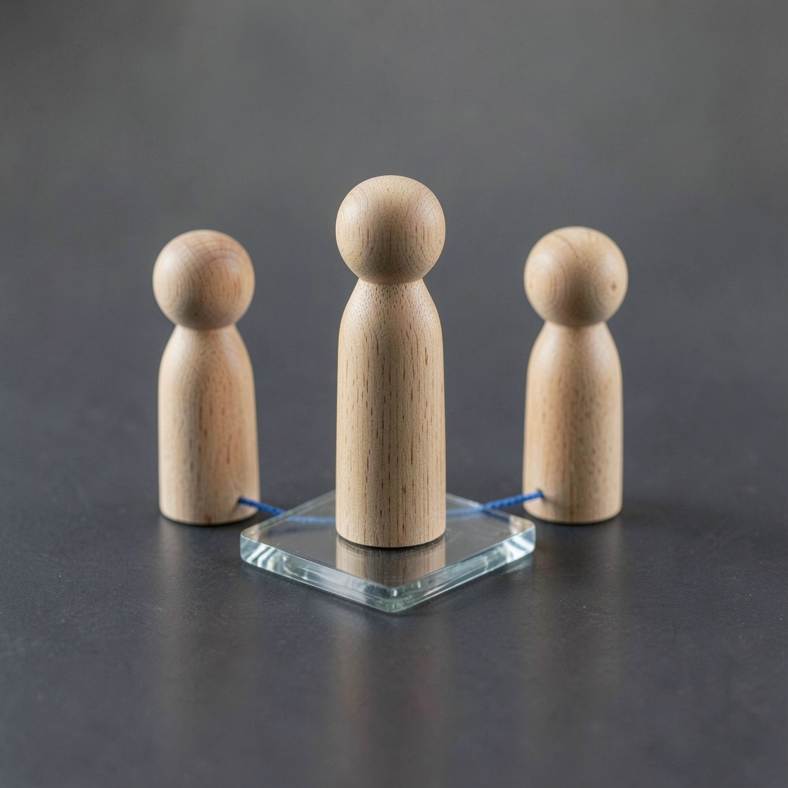 Three wooden figures connected by blue thread, with the central figure on a glass tile