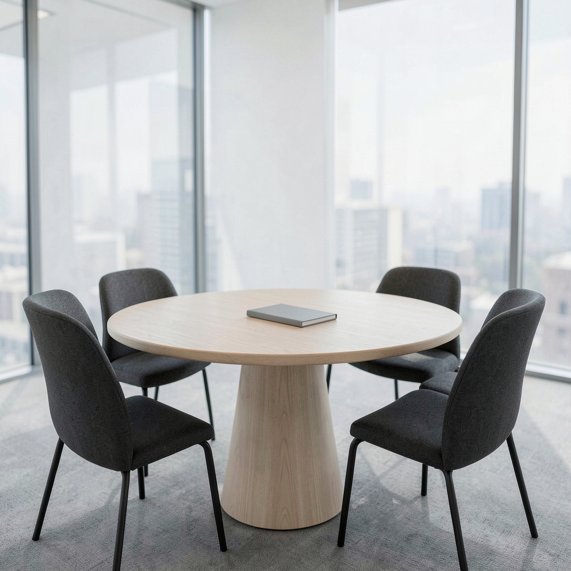 Four dark chairs around a round wooden meeting table with a closed grey book