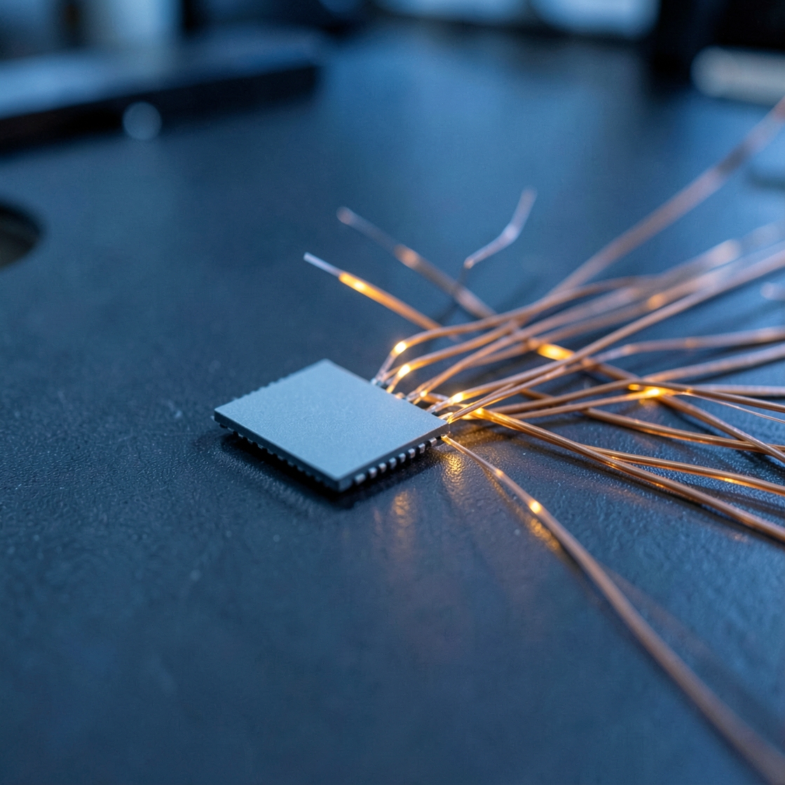 Unmarked square chip beside fine fibre strands with amber light points on a dark blue bench.