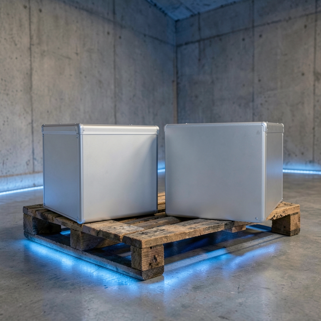 Two unmarked silver transport cases on a wooden pallet in a concrete loading bay