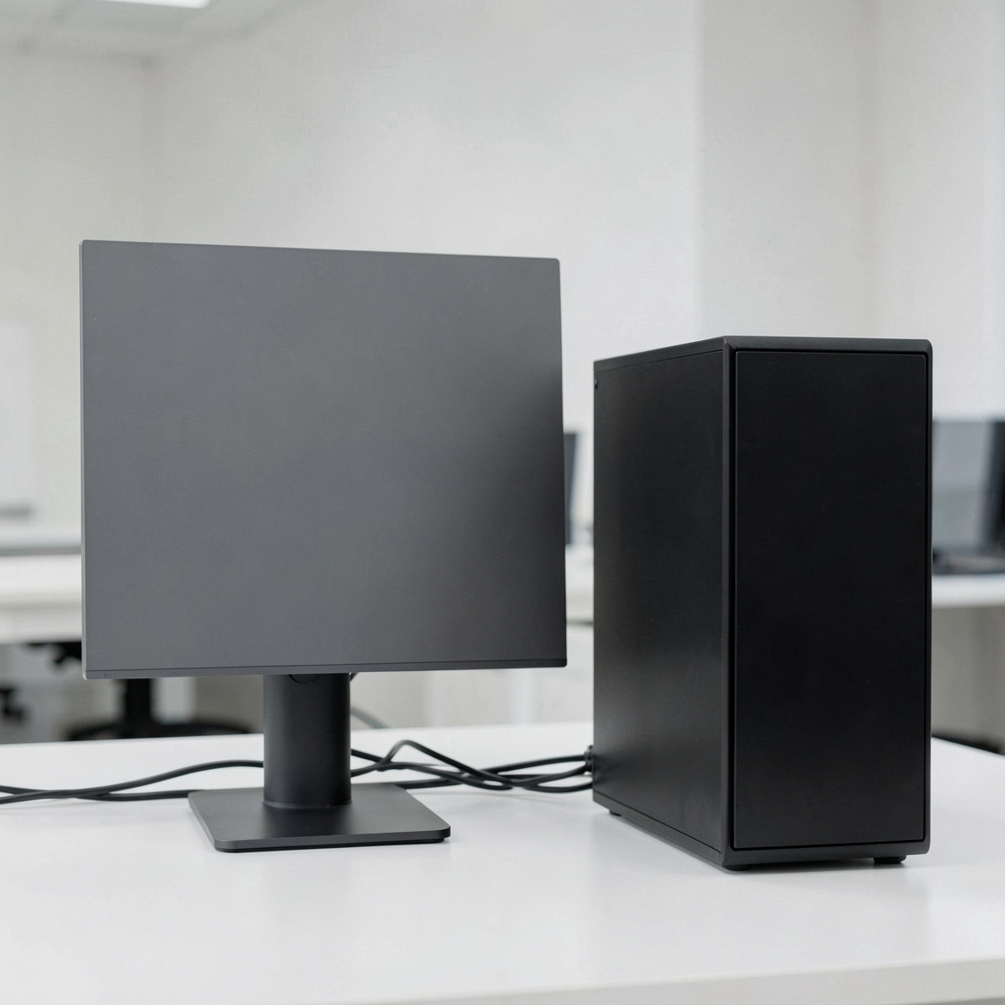 Plain grey monitor and black desktop tower on a light desk, with cables behind them.