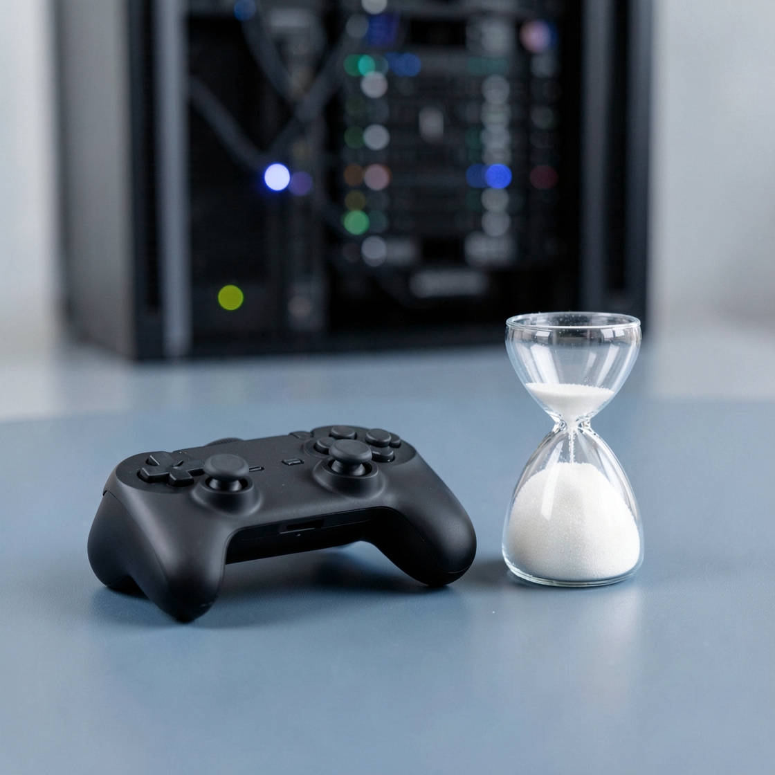 A black unbranded game controller beside a glass hourglass, with server racks blurred behind.