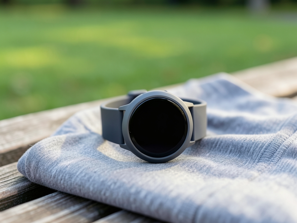 Editorial illustration of a generic round smartwatch with a blank display on folded gray fabric on a wooden bench, with a blurred green background.