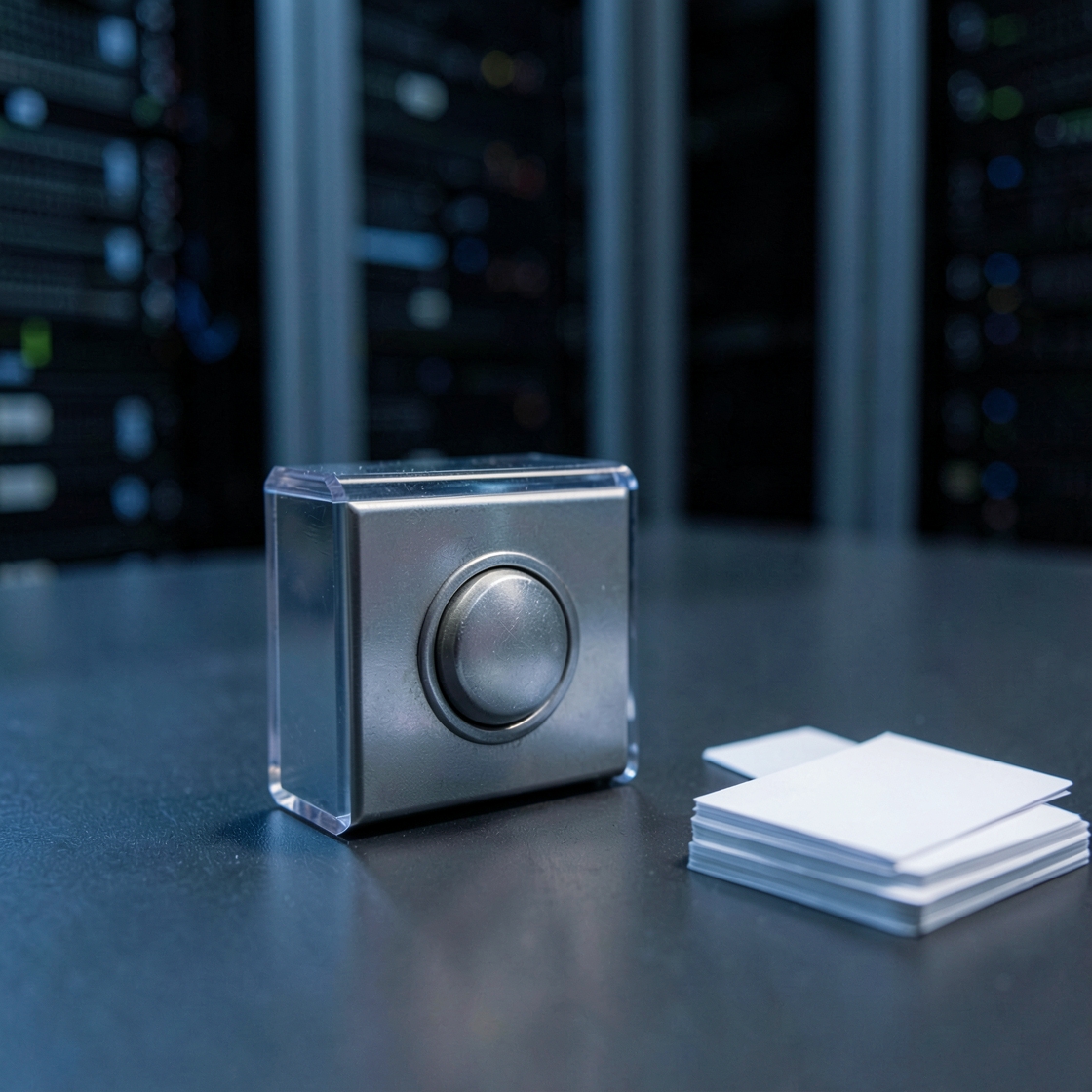 Unlabelled metal push button in a clear protective housing beside blank cards, with server racks behind.