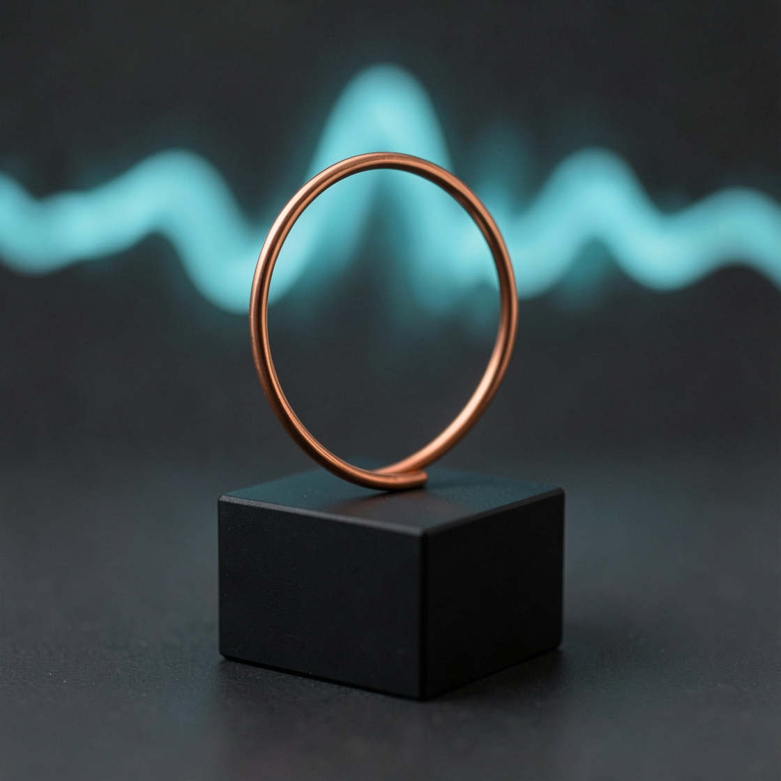 A copper loop on a black base with a blurred cyan wave in the background
