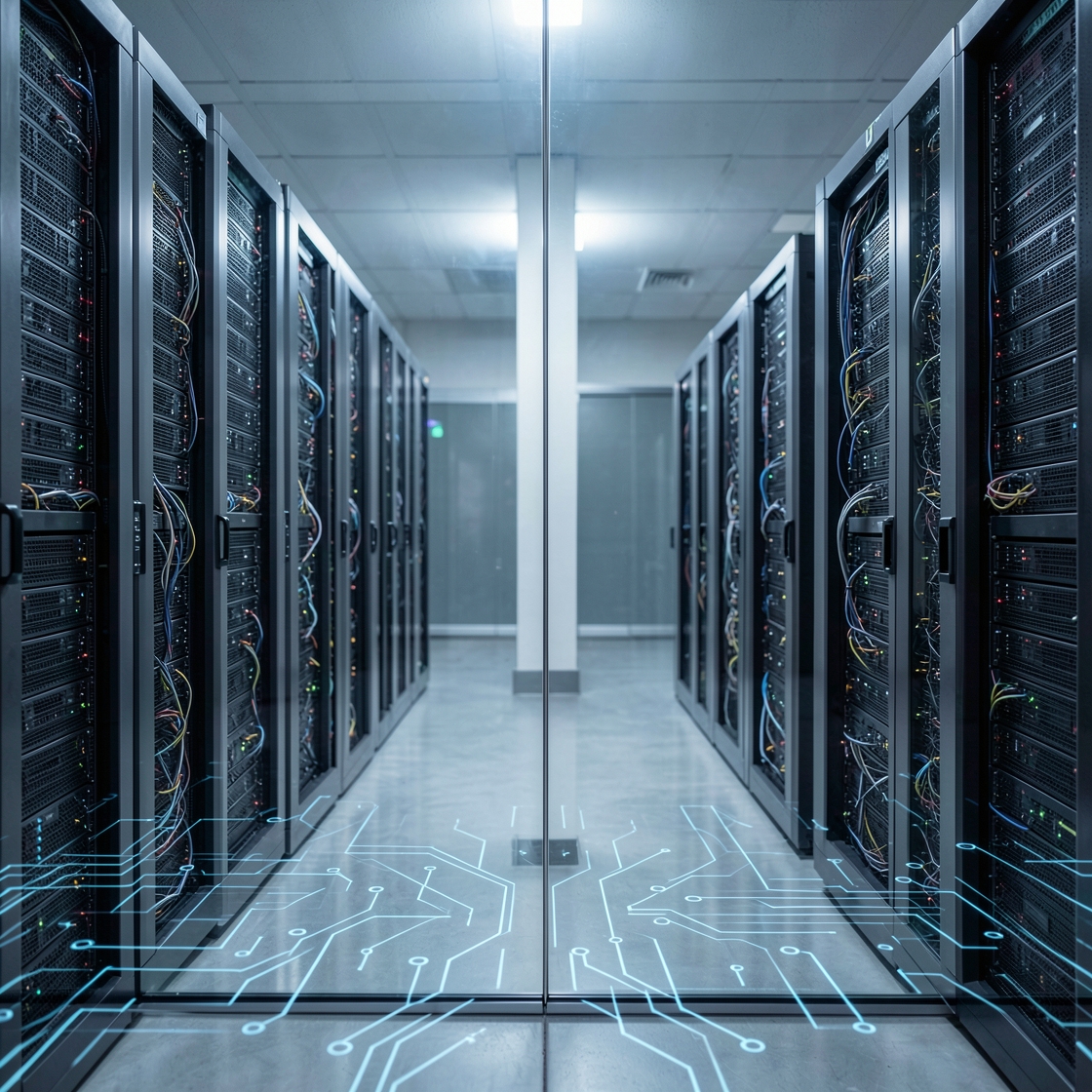 Server racks behind a glass partition with pale circuit traces in the foreground
