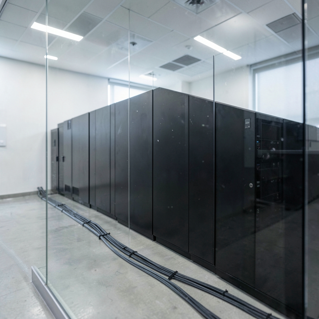 A row of dark server cabinets behind glass with a cable bundle along the floor