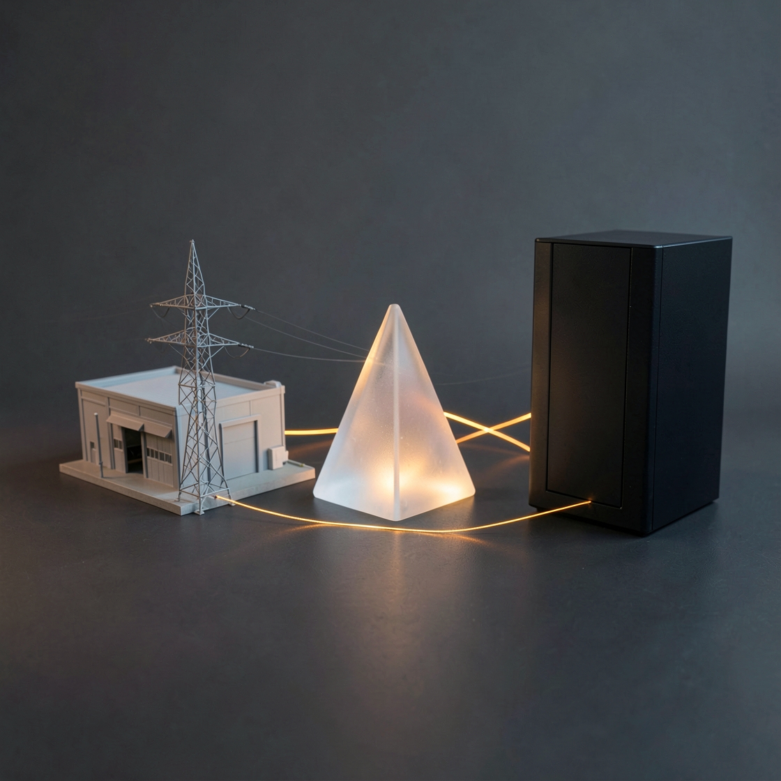 Warehouse and power-pylon models, a translucent pyramid and a dark tower linked by amber light lines