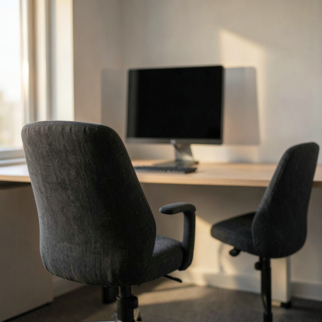 Two grey office chairs beside a wooden desk with a blank dark monitor