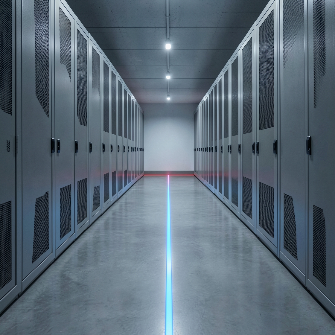 Illustration of a blue light path crossing a red threshold between two rows of server cabinets