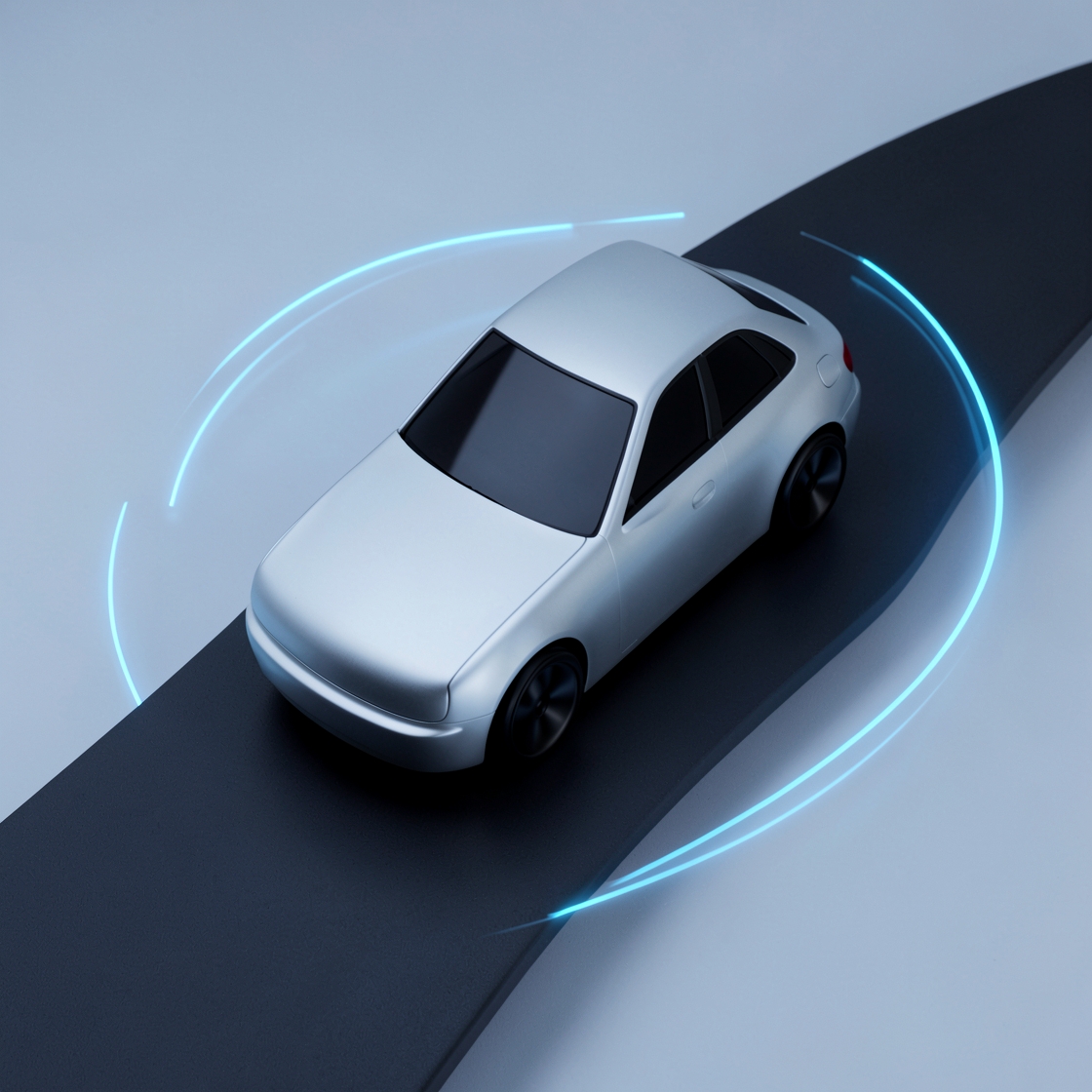 Conceptual silver car model on a dark road, surrounded by blue sensor arcs.