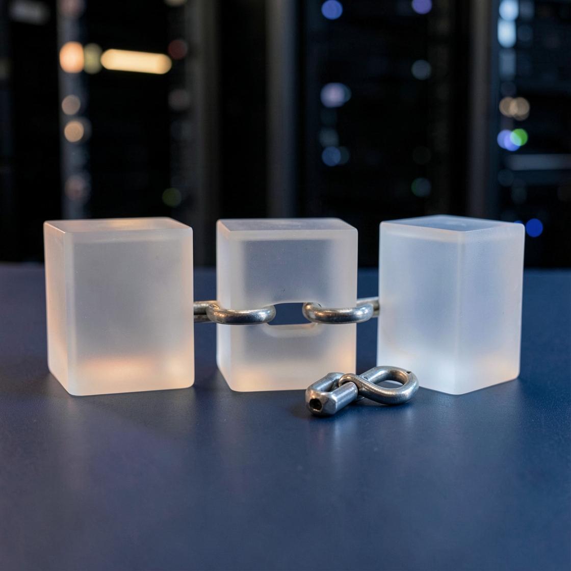 Three frosted blocks joined by metal links, with a loose metal clasp in front and server racks behind.