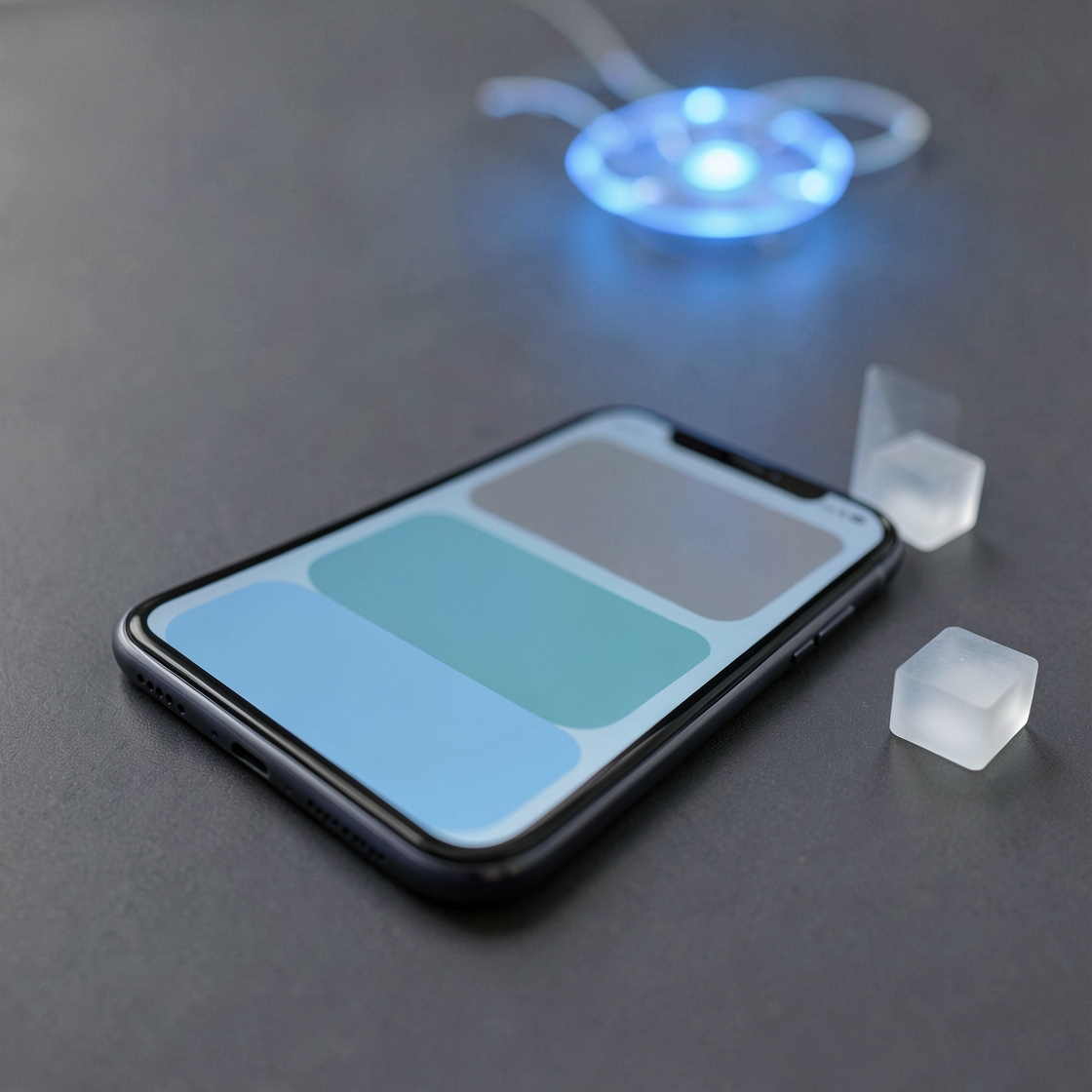 Generic phone showing three blank blue and grey cards beside translucent blocks