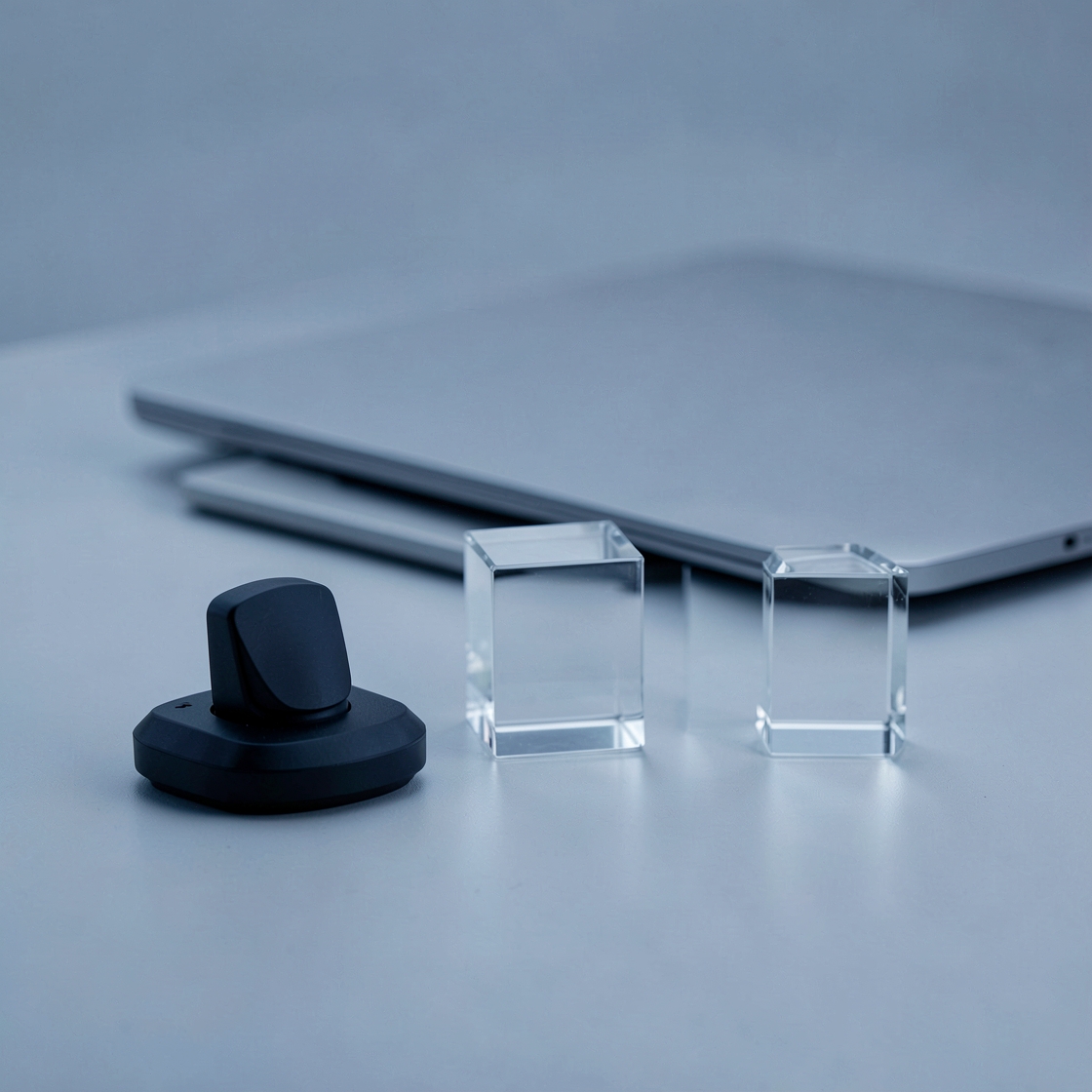 Two clear glass blocks and a black control knob in front of a closed silver laptop