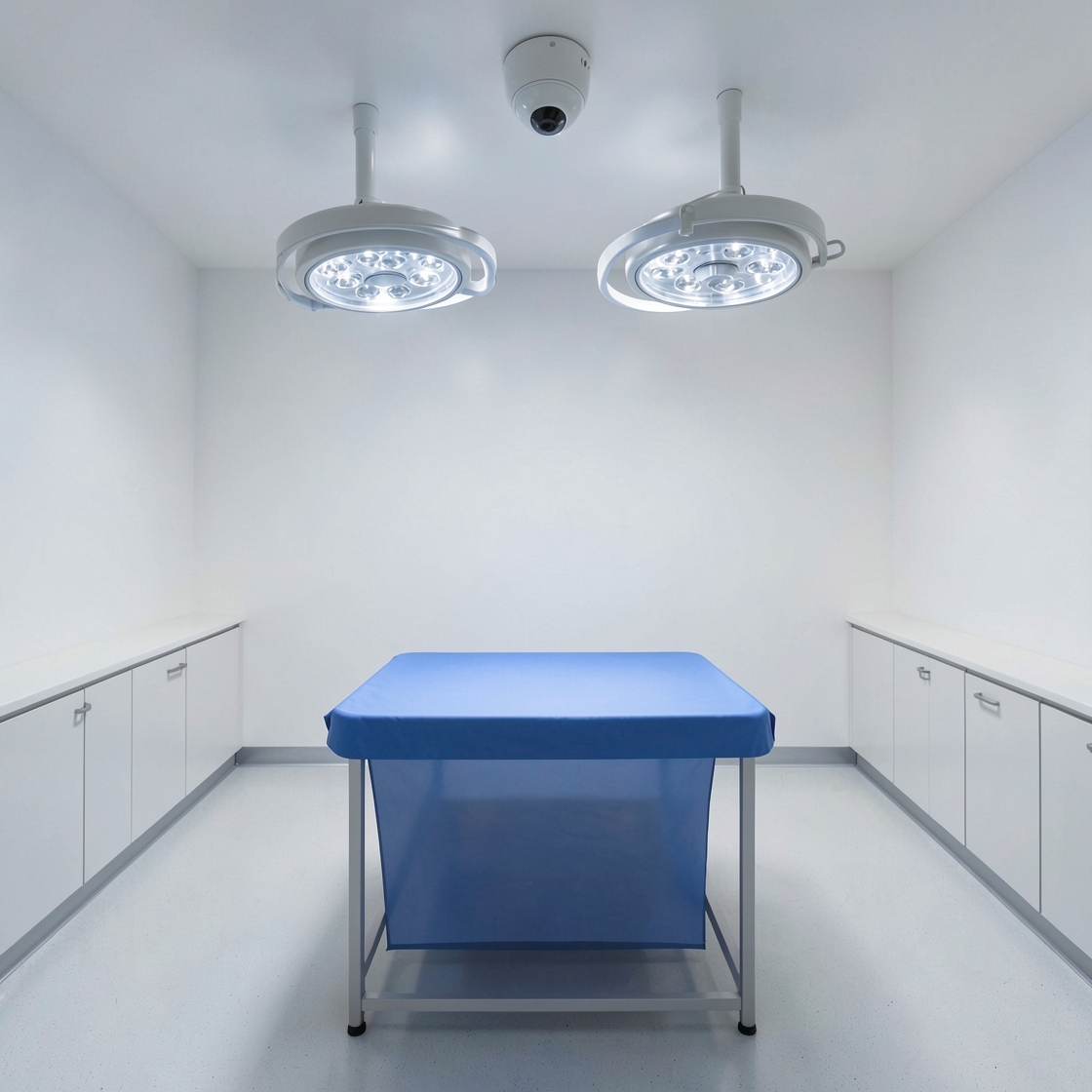 Empty clinical room with a blue-covered table, two ceiling lamps and a ceiling camera.