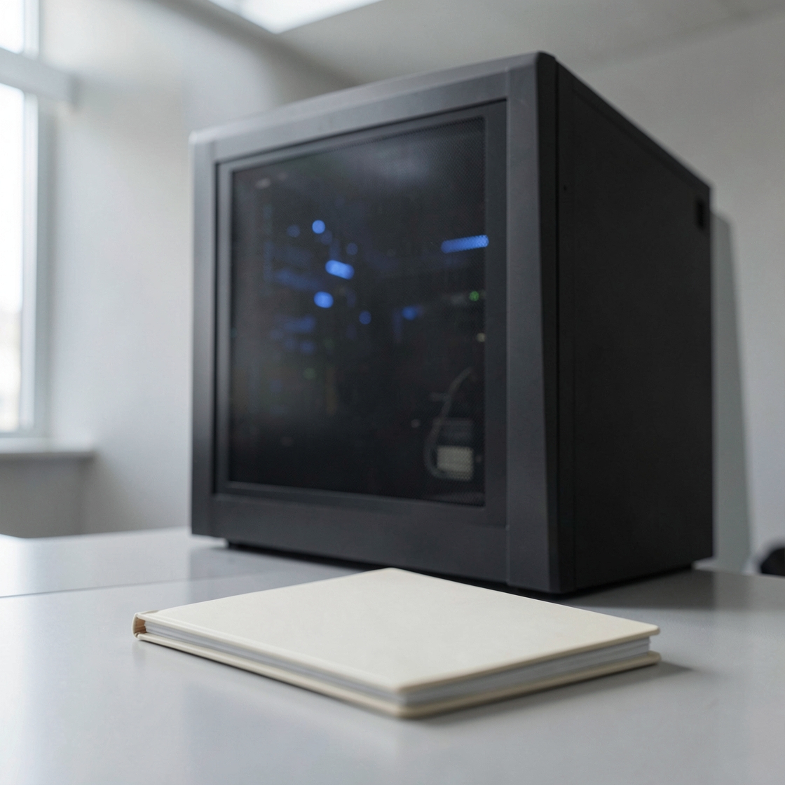 An unmarked closed book on a desk in front of a dark computing cabinet with blue lights