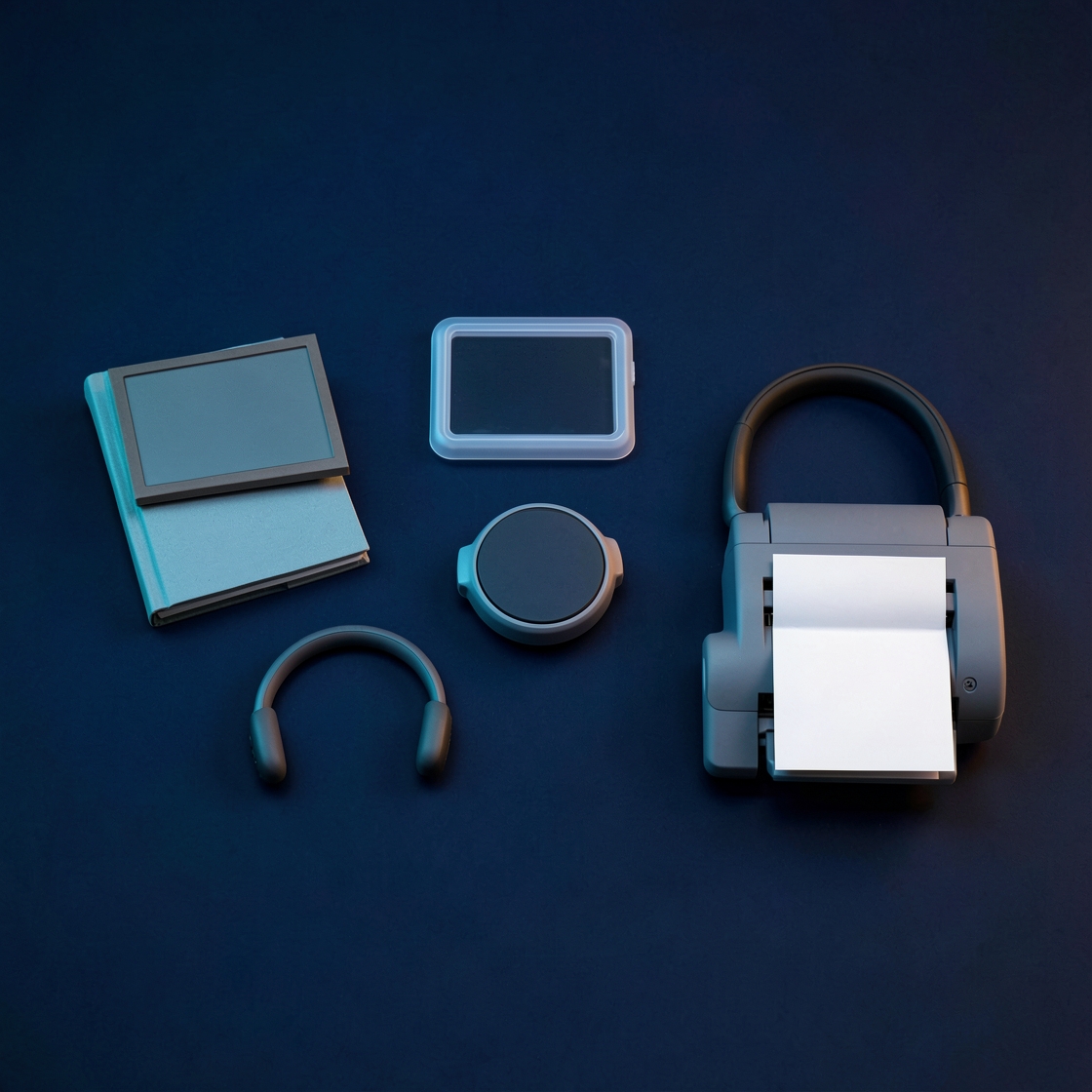 Editorial still life of an abstract folded screen, small display, round wrist device, headphones and printer with blank paper on a navy surface