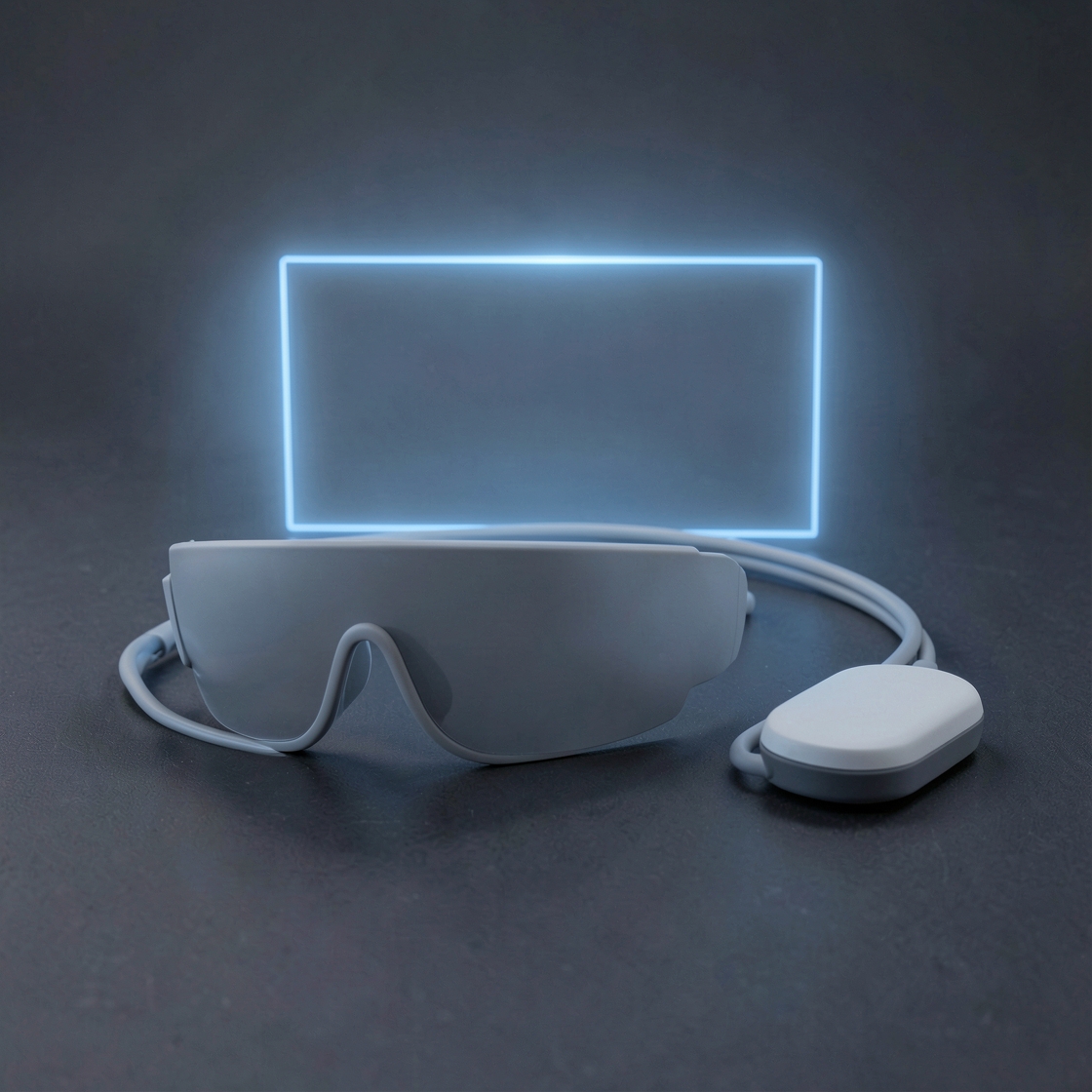 Concept illustration of an unbranded VR visor connected by a cable to a small external puck beneath a blue light frame