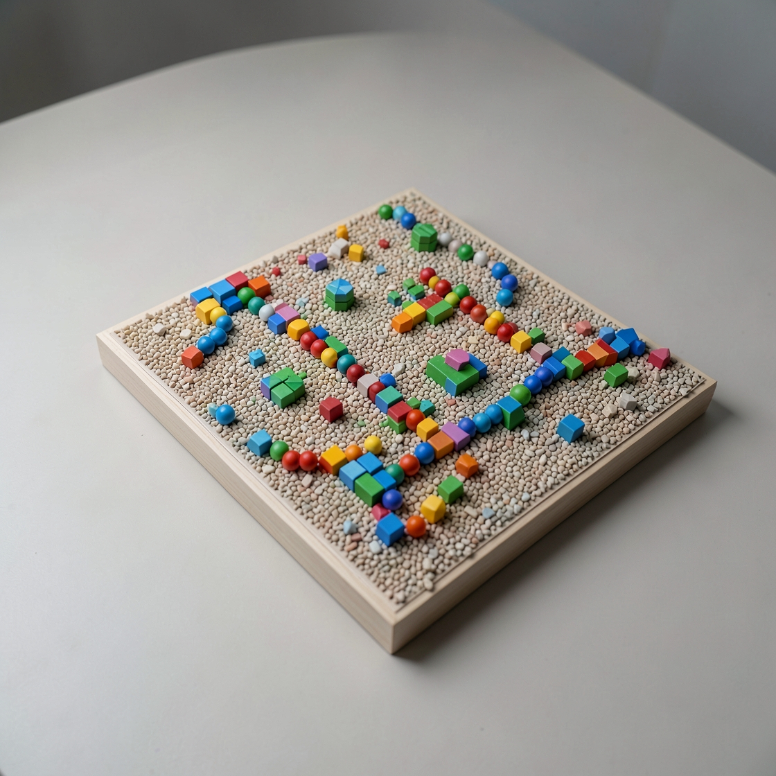 A tabletop model of a game world assembled from colorful blocks and spheres