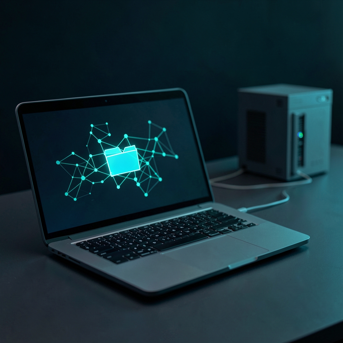 A generic laptop displays a glowing folder within an abstract node network, with a small server on the desk behind it