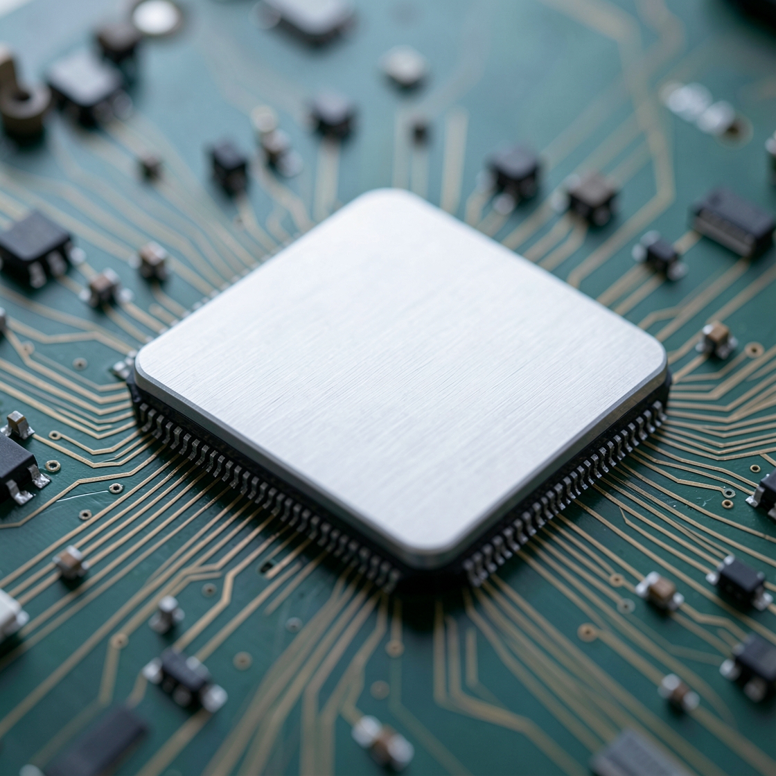 Conceptual illustration of an unmarked square processor on a circuit board.