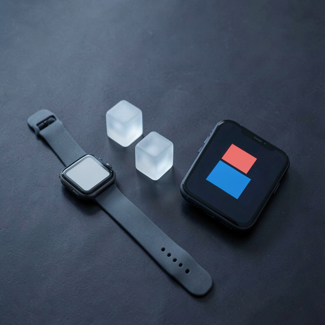 A generic smartwatch with a blank screen beside a phone showing colored blocks and two translucent cubes.