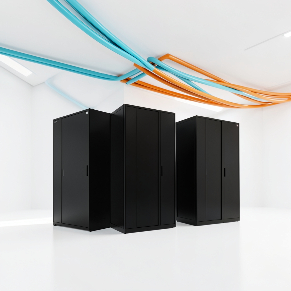 Three closed black server cabinets beneath blue and orange overhead conduits.