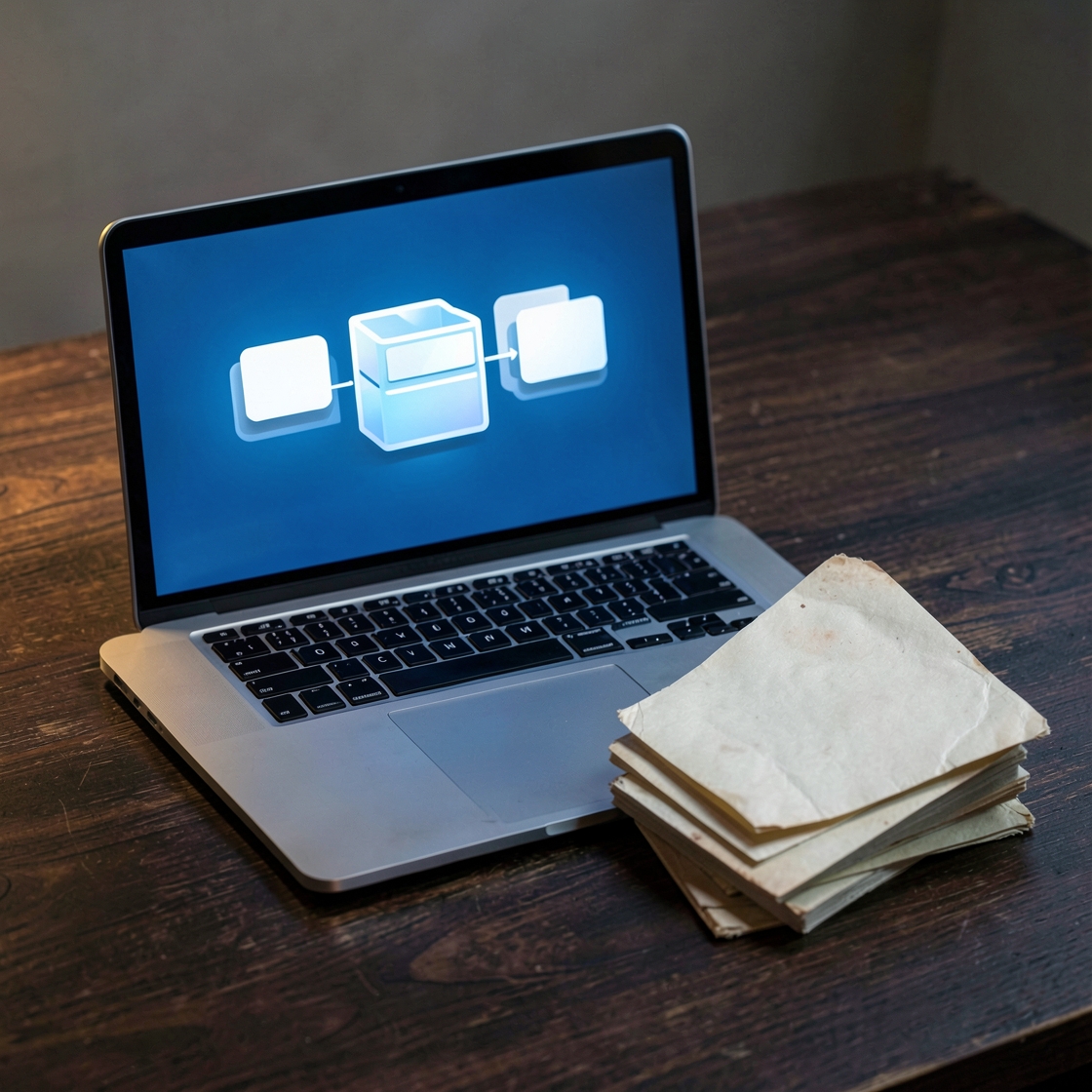 A generic laptop shows blank cards moving through a folder graphic, beside a stack of plain paper folders on a wooden desk
