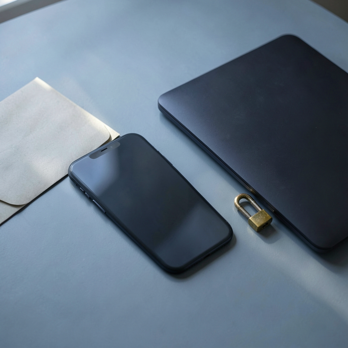Dark smartphone, closed laptop, plain envelopes and a small open brass padlock on a blue-grey desk