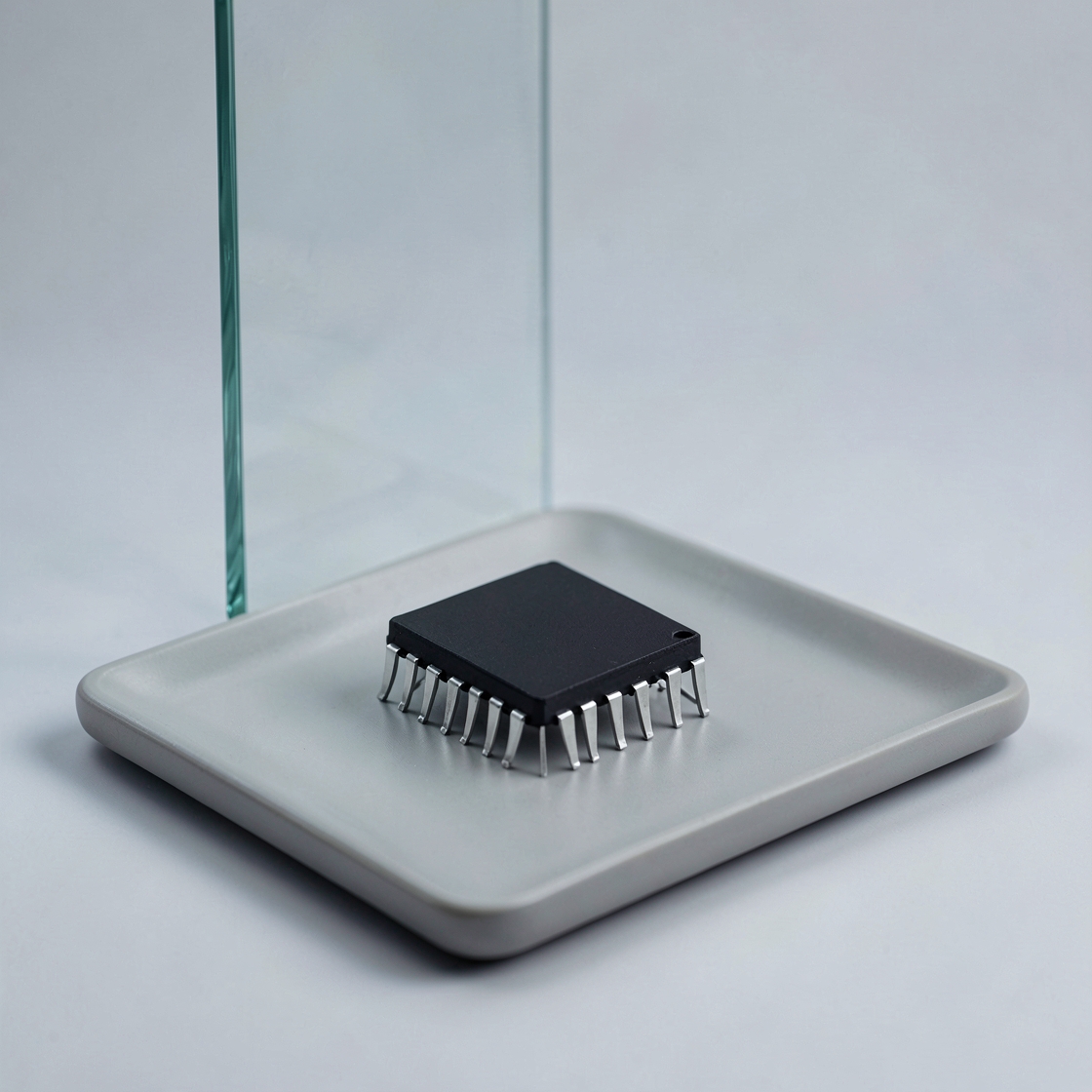 Unmarked black chip with silver pins on a grey tray in front of a clear glass divider