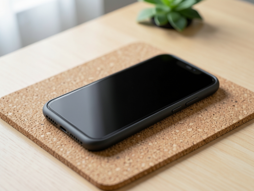 Editorial illustration of a generic charcoal smartphone with a blank black display on a cork mat on a light wooden desk, with a blurred green plant behind it.