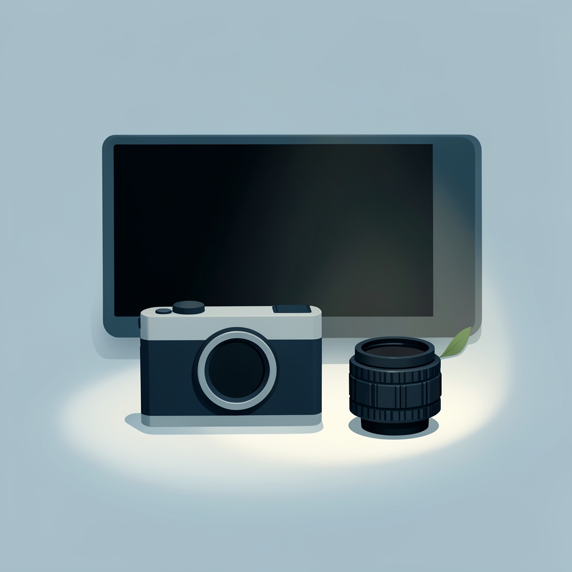 Flat illustration of a compact generic camera body with an empty lens mount and a detached black prime lens in front of a blank monitor.