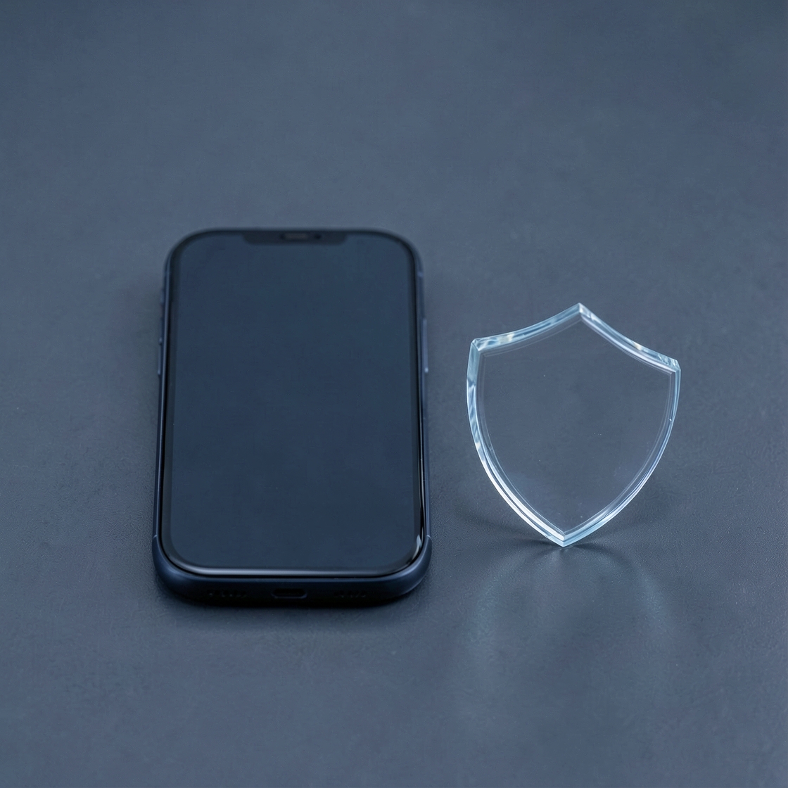 A generic dark smartphone with a blank screen beside a clear glass shield on a gray surface