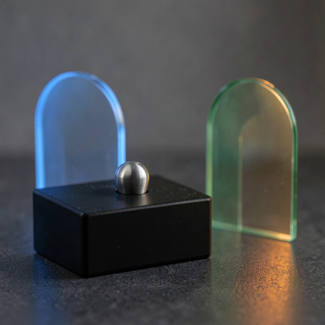A black block with a metal button in front of two illuminated glass arches