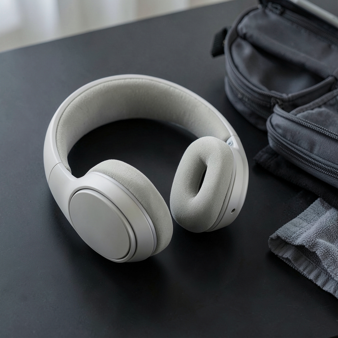 Generic pale over-ear headphones with fabric cushions beside a travel bag and folded towel on a dark tabletop
