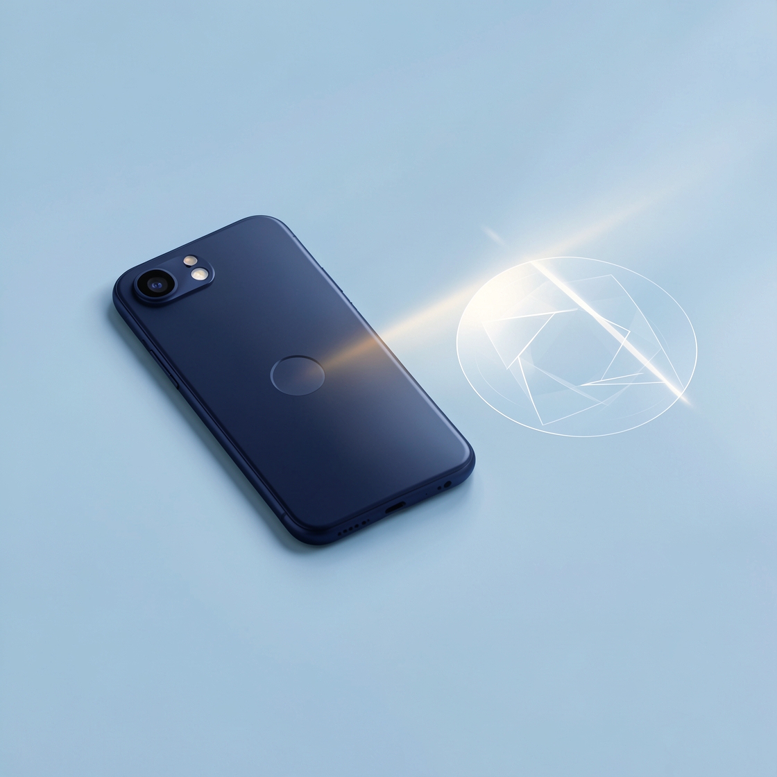 Illustration of a dark generic smartphone beside a translucent six-blade camera aperture on a pale blue surface.
