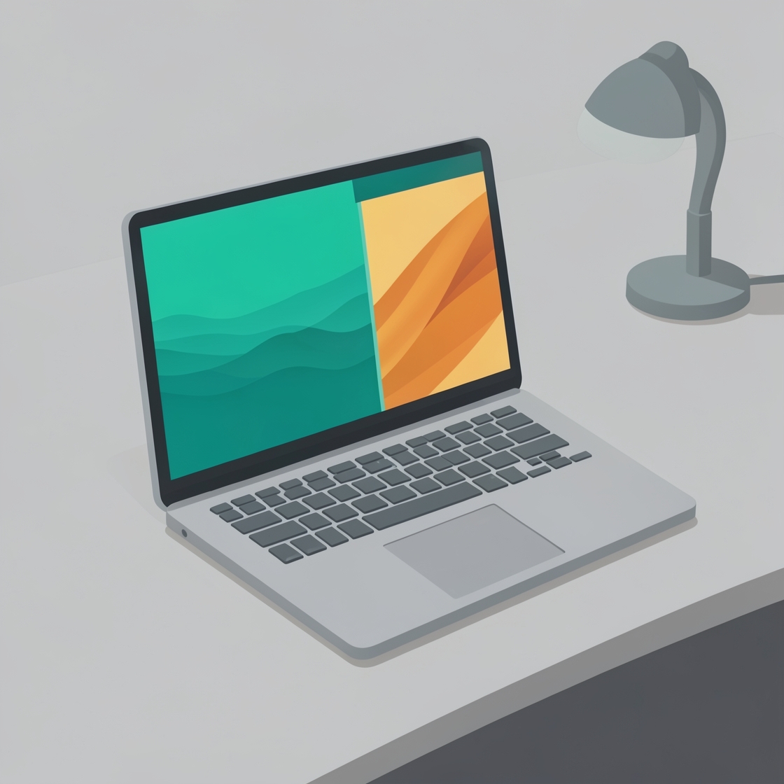 Flat editorial illustration of a generic large laptop on a desk beside a lamp; its screen shows teal landscape layers and warm abstract shapes.