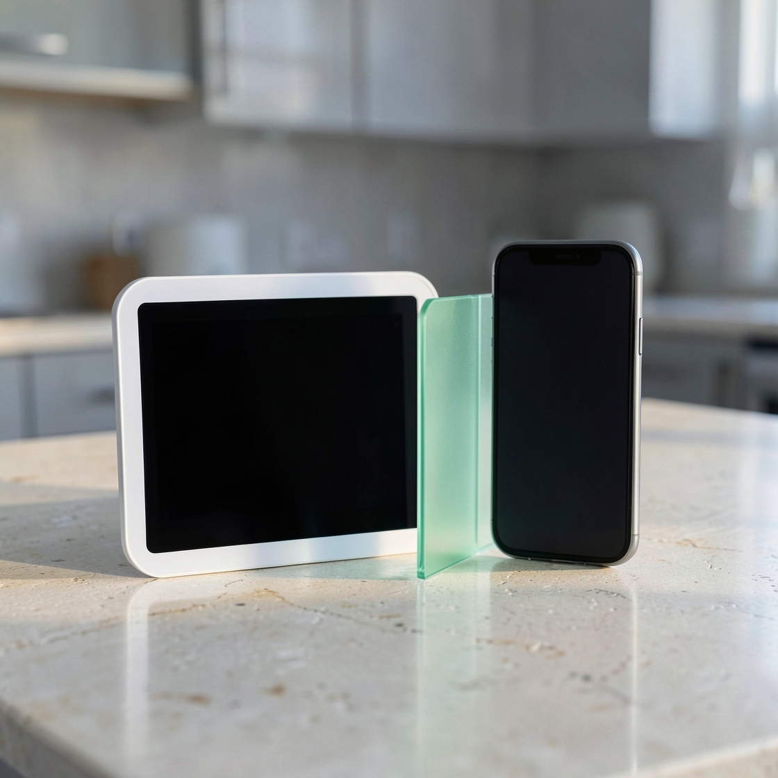 A blank tabletop display and a blank smartphone separated by a pale green glass divider on a kitchen counter.