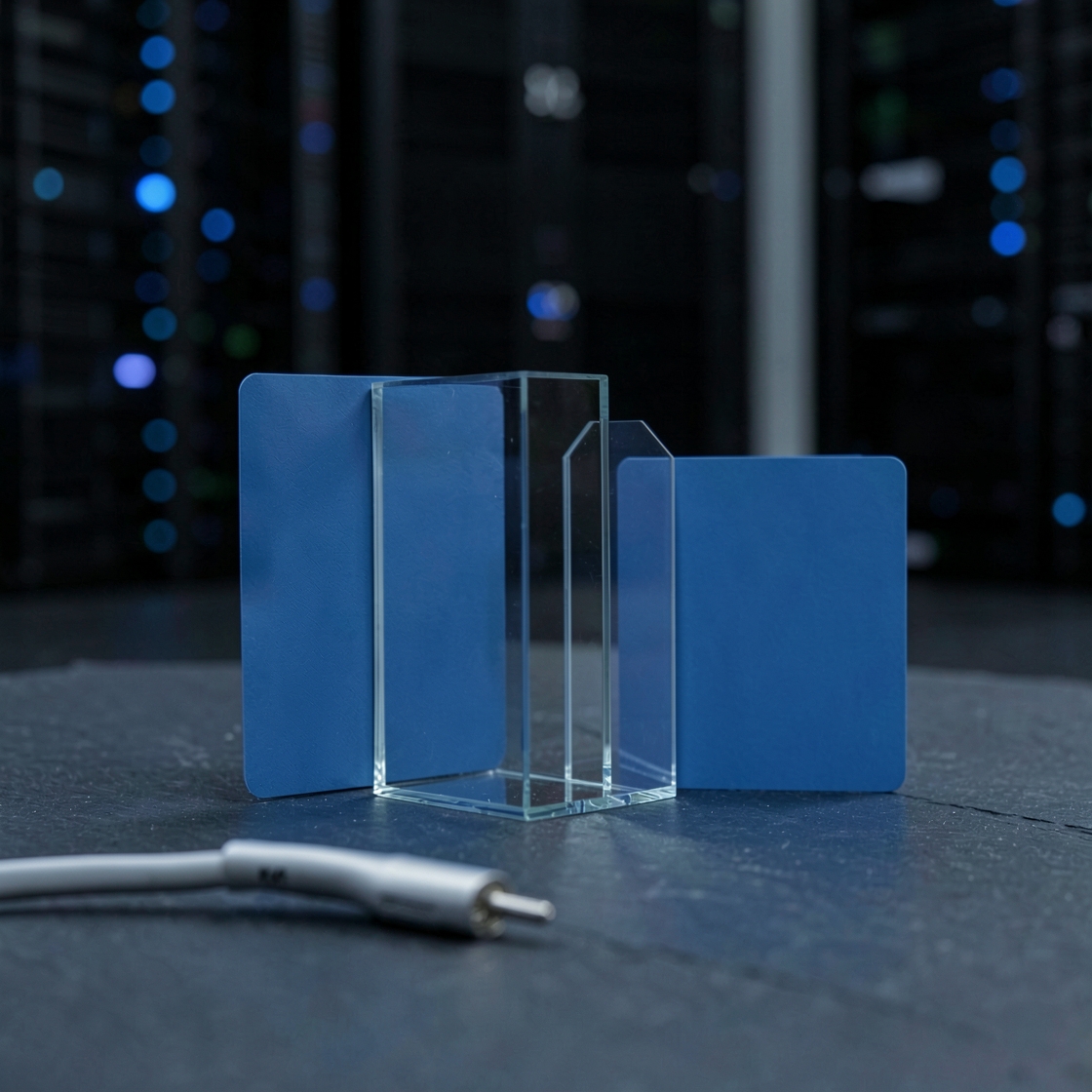 Blank blue cards beside a clear glass gate, with a disconnected cable and blurred server racks