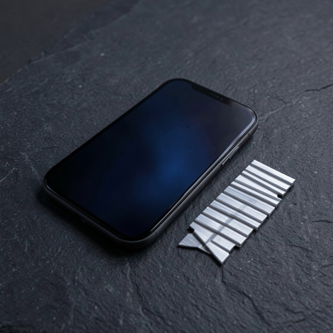 A dark smartphone with a blank screen beside a ribbed silver metal piece on a stone surface.