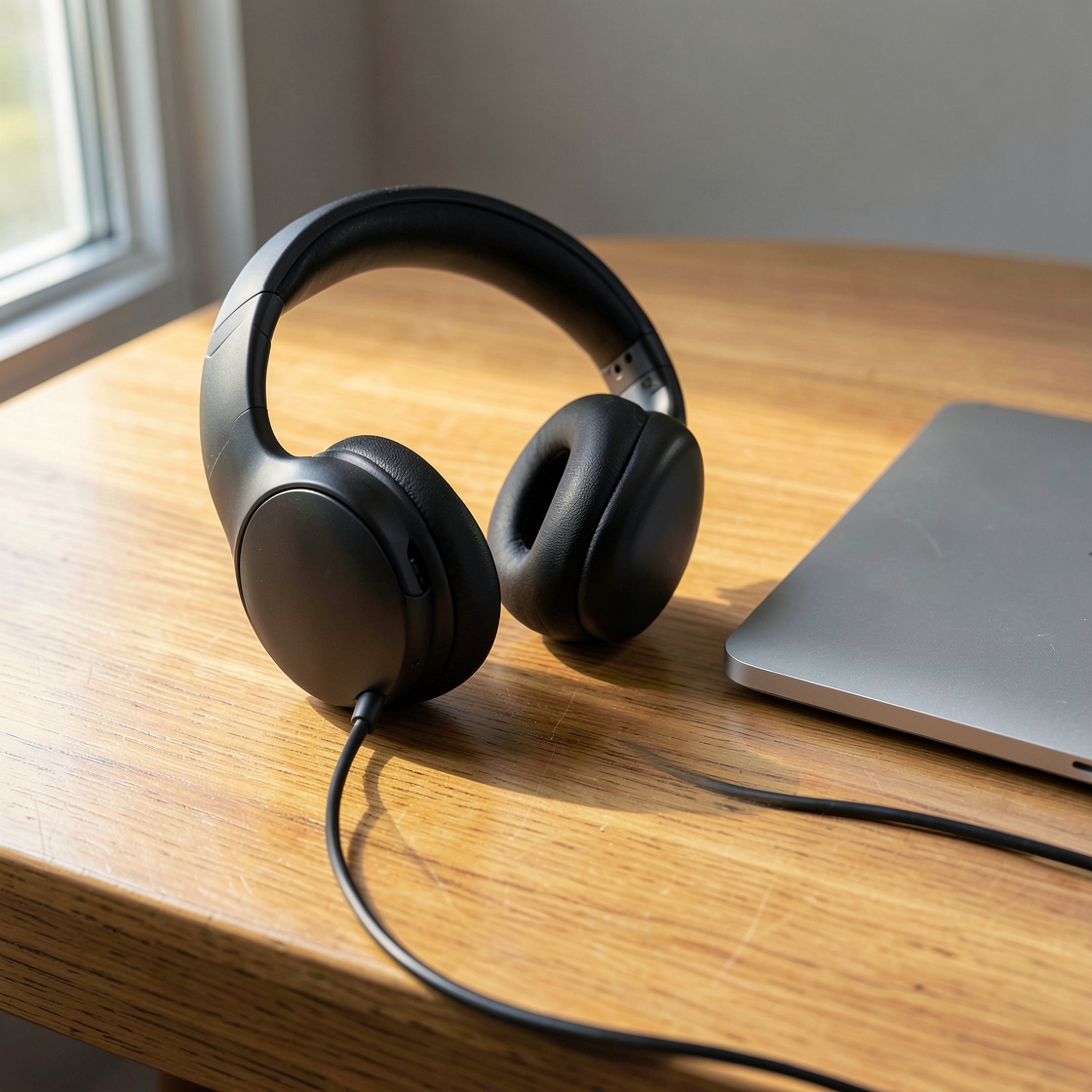 Editorial illustration of generic wired over-ear headphones beside a closed laptop on a wooden desk.