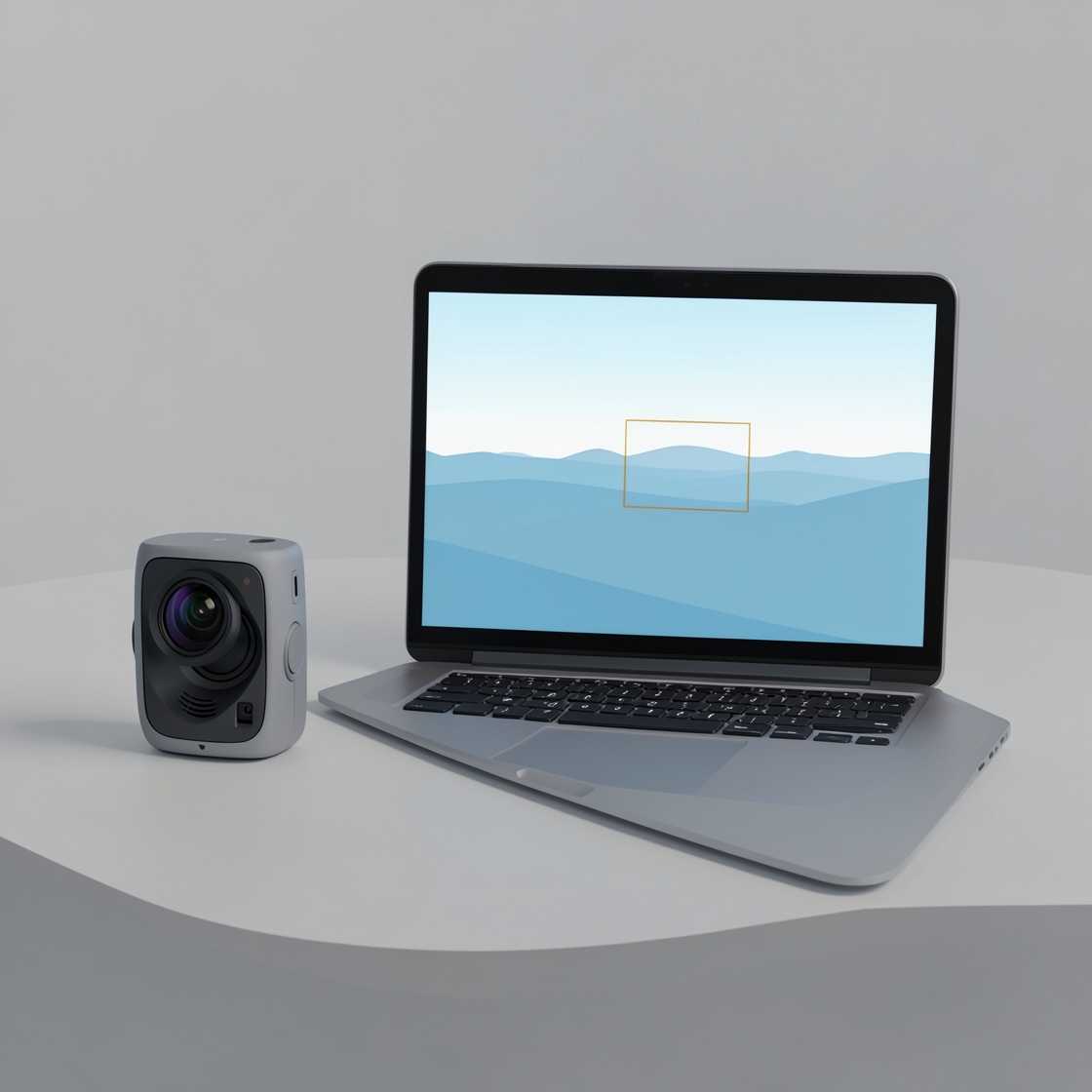 Editorial illustration of a generic 360 camera beside a laptop showing a simple landscape crop.