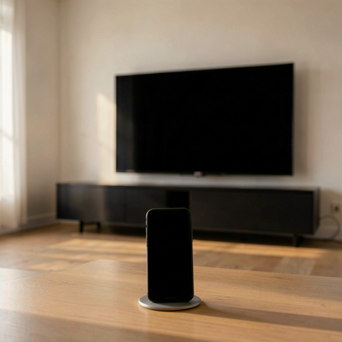 Black-screen smartphone on a small stand in front of a dark widescreen television in a living room